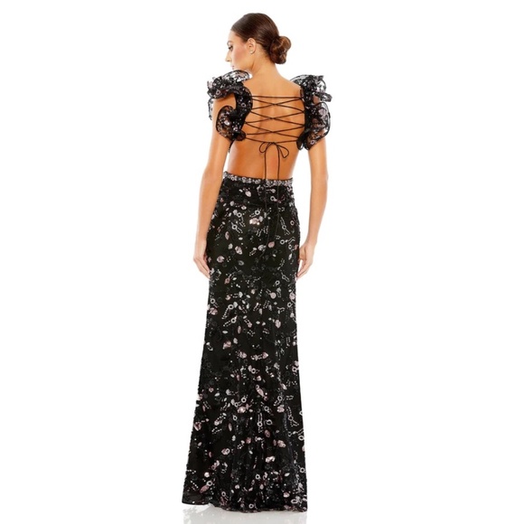 Mac Duggal Sequin Embellished Ruffle Shoulder Lace-Up Back Sheath Gown - Picture 2 of 10